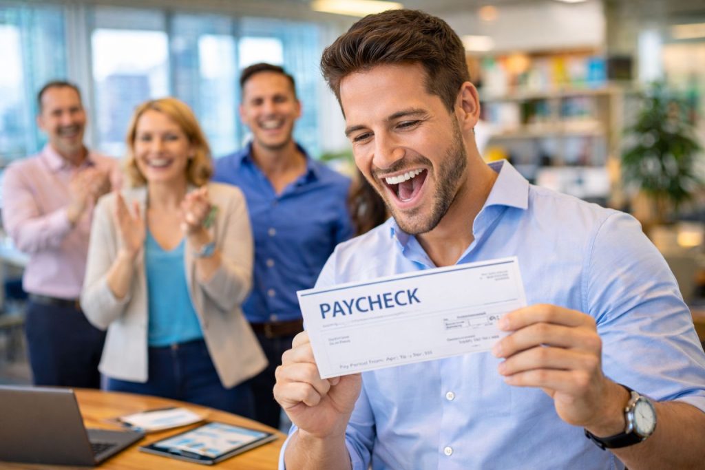 Happy employee holding paycheck with coworkers celebrating payroll savings and employee benefits success in the workplace