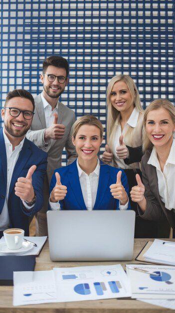 Business team celebrating success with thumbs up after achieving payroll savings and implementing employee benefits plan