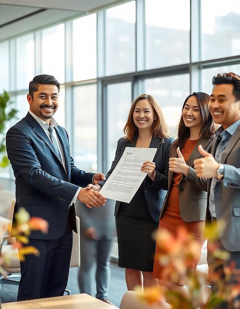 Business professionals reviewing documents and finalizing employee benefits plan agreement during a client onboarding meeting