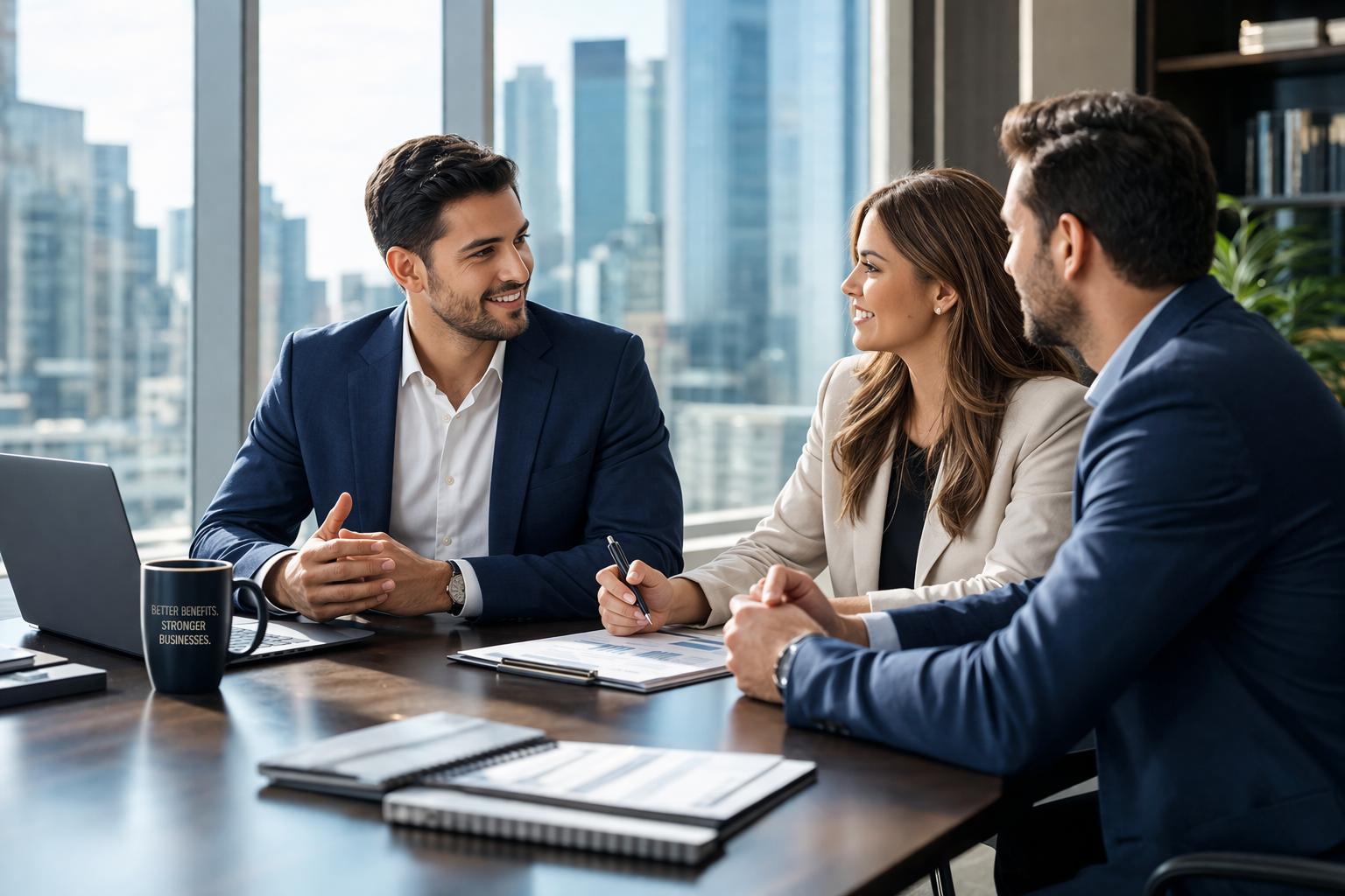 Business consultant discussing employee benefits plan, payroll savings, and financial strategy with clients in a meeting
