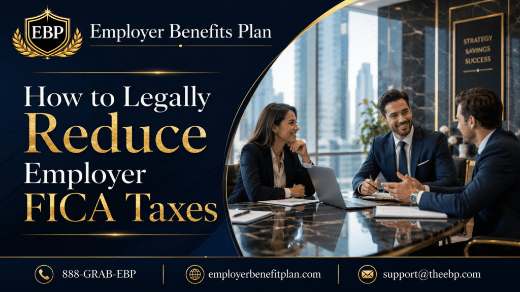 Business professionals discussing how to legally reduce employer FICA taxes through payroll tax savings and benefit strategy