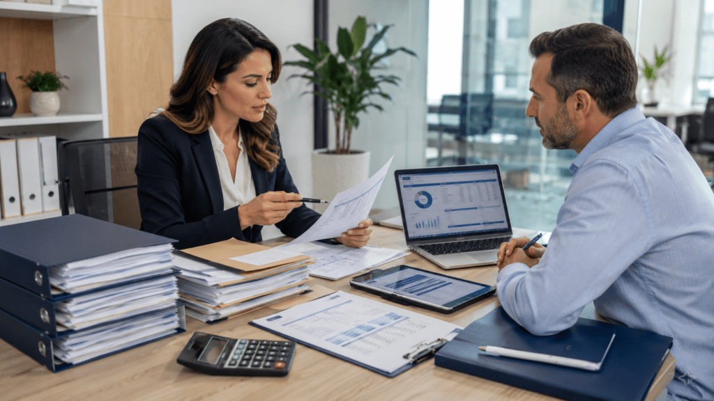 Payroll specialist reviewing employee payroll documents, tax forms, benefits paperwork, and reports with a business owner