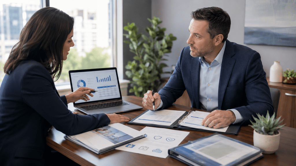 Employer and insurance representative reviewing current carrier coverage, benefits documents, and coordination requirements