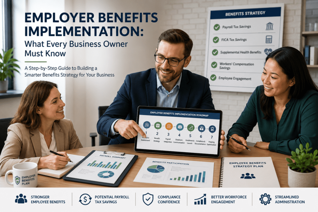 Employer benefits implementation checklist covering payroll integration, employee communication, enrollment, and compliance documentation.