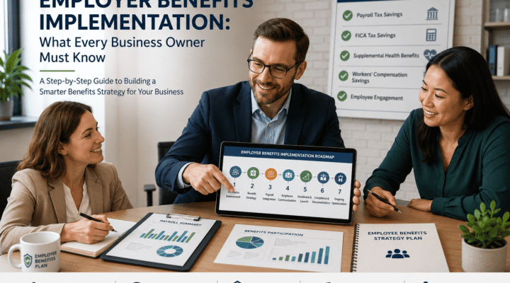Employer benefits implementation checklist covering payroll integration, employee communication, enrollment, and compliance documentation.